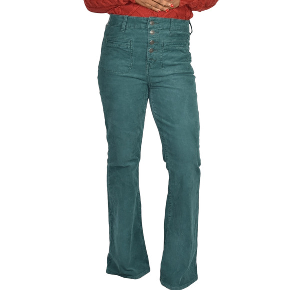 American Eagle Super Hi Rise Flare Corduroy Pants Green Button Fly Retro Teal 8 - Picture 13 of 15